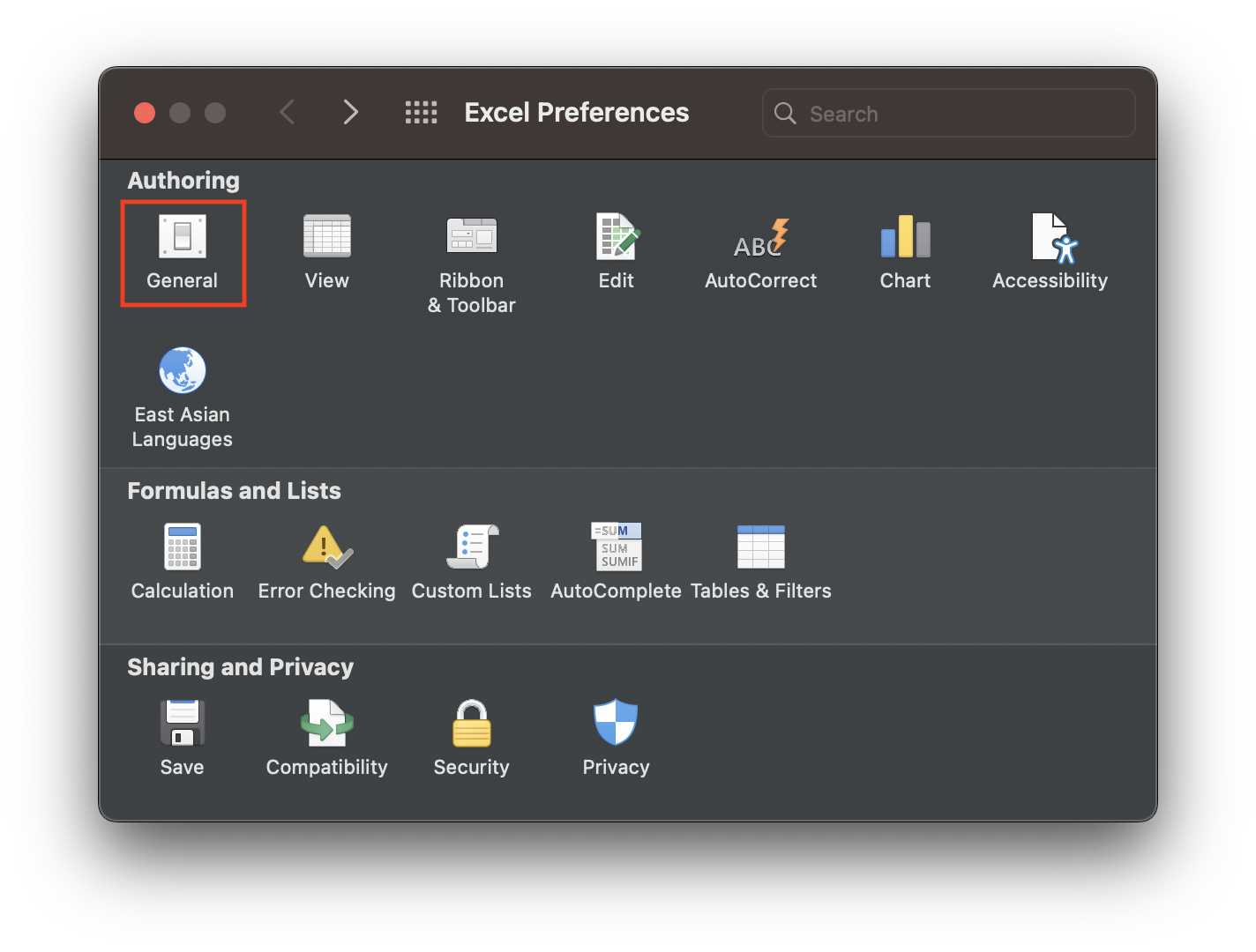 Excel Preferences - General on Mac